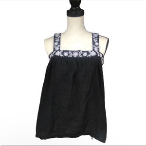 Mimi Chica Black Flowy Tank Top White Floral Embroidery Square Neck Cotton M